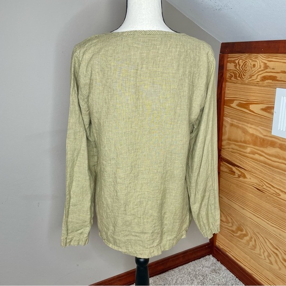Flax 100% Linen Green Striped Long Sleeve Round Neck Top Blouse Small - Picture 3 of 9